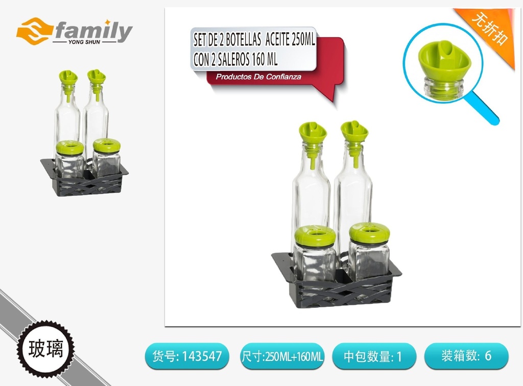 Set de 2 botellas para aceite y vinagre de 250 ml con 2 saleros de 160 ml - Organizadores de cocina