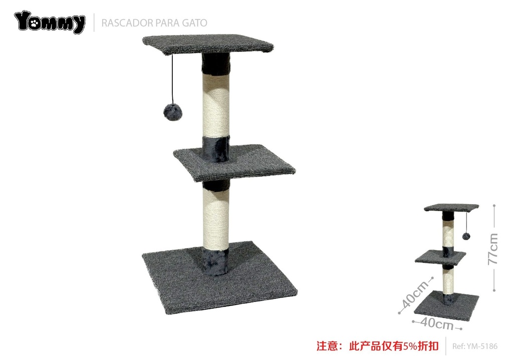 Rascador de tres niveles para gatos 40x40x77 cm - Muebles para gatos y rascadores