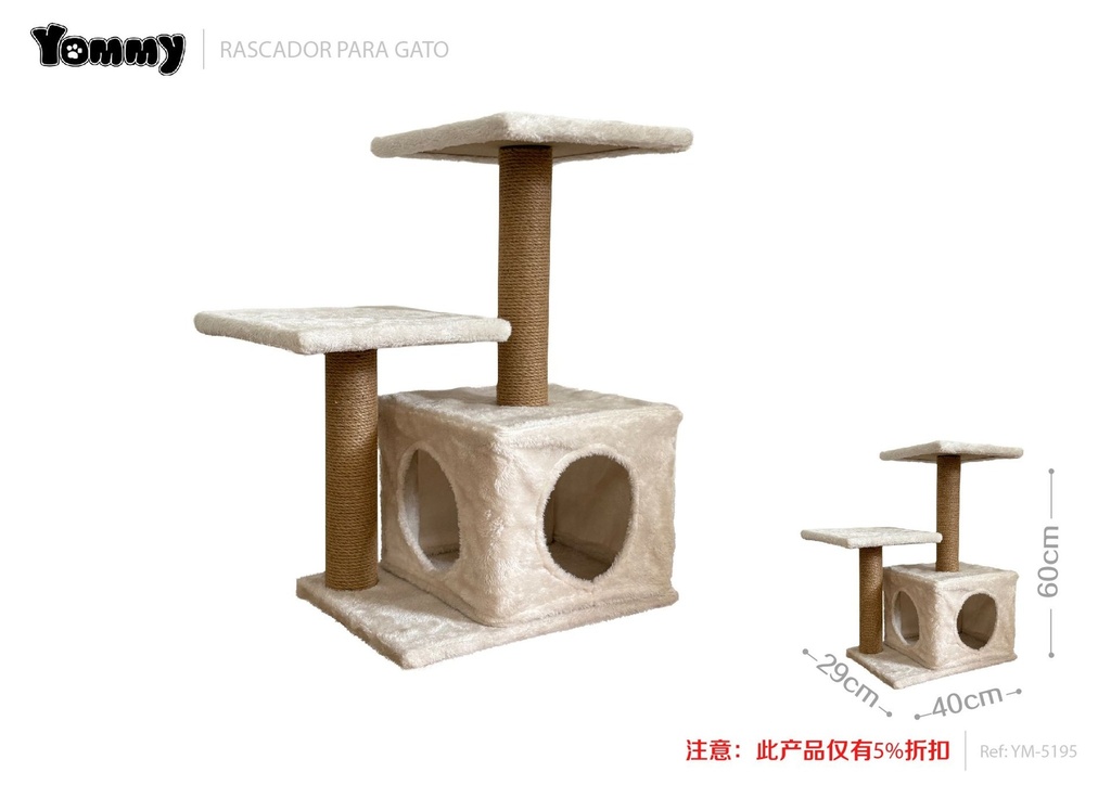 Rascador para gatos de tres niveles con casa 40x29x60 cm - Accesorios para mascotas