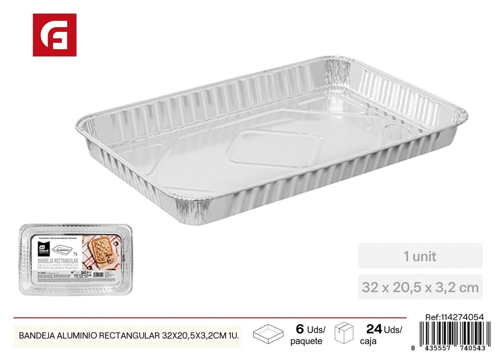 Bandeja de aluminio rectangular de 32x20,5x3,2 cm - Recipiente desechable para horno (1 ud)