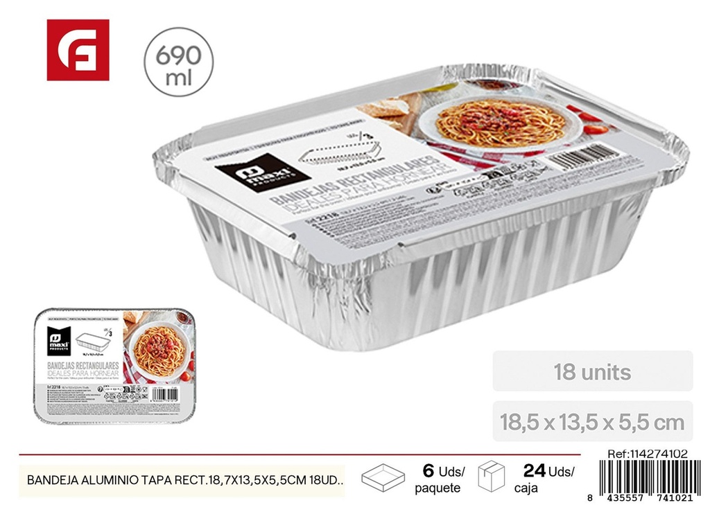 Bandeja de aluminio tapa rectangular de 18,7x13,5x5,5 cm - Recipiente desechable (18 uds)