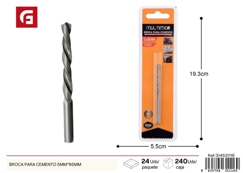 Broca para cemento de 5 mm x 85 mm - Herramientas de ferretería