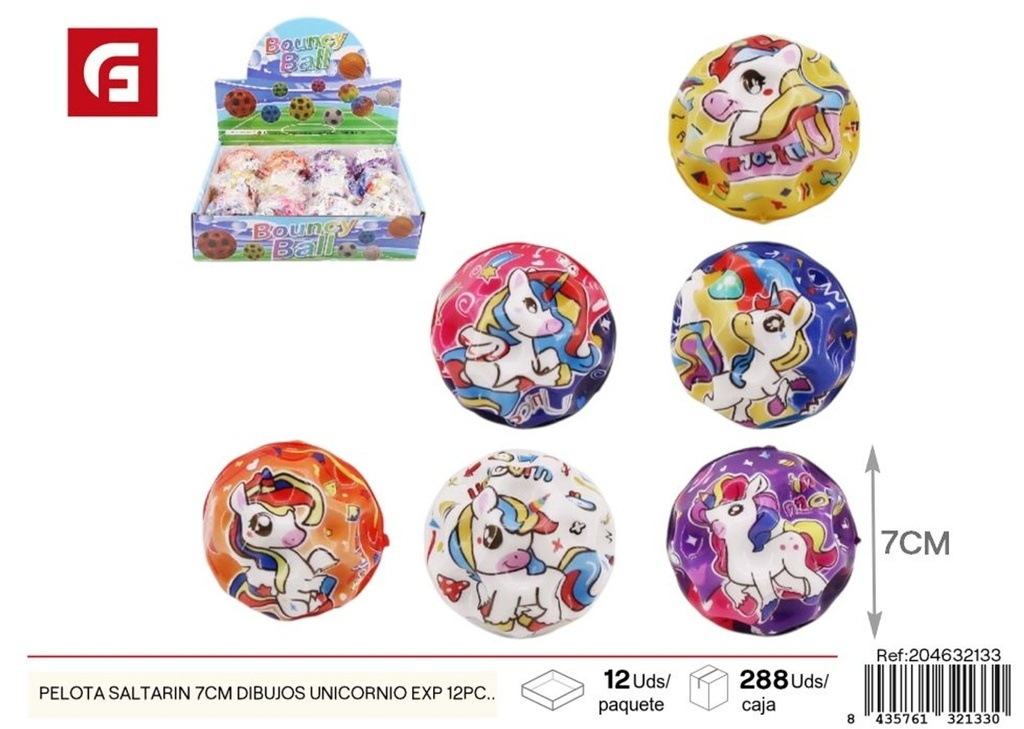 Pelota saltarina 7 cm con diseño de unicornio - Set de 12