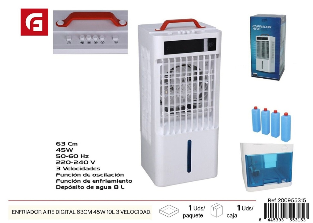 Enfriador de aire digital 63cm 45W 10L 3 velocidades - Ventilación y enfriadores