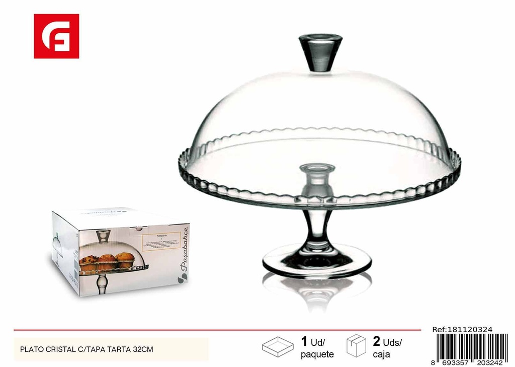 Plato de cristal con tapa para pasteles - 32 cm