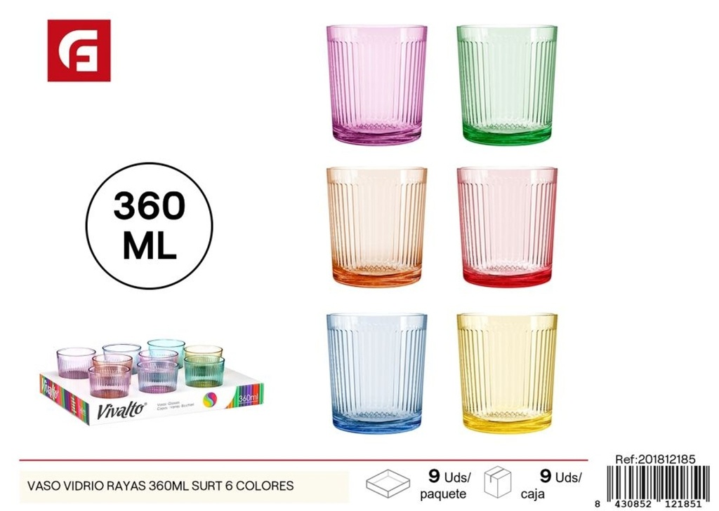 Vaso de vidrio rayas 360ml surtido en caja de exhibición - Cristalería y bebidas