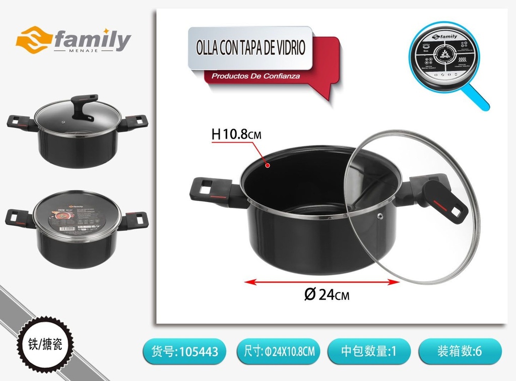 Olla esmaltada con tapa de vidrio de 24cm - Utensilios de cocina y ollas