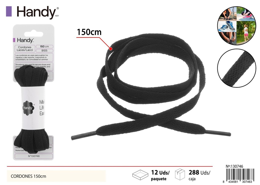 Cordones planos 0.8 cm de 150 cm color negro modelo B105 - Accesorios para calzado