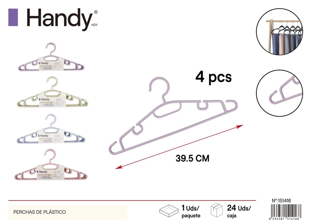 Perchas de plástico coloreadas PDL-782 4 pcs 39.5x16.5 cm - Perchas decorativas
