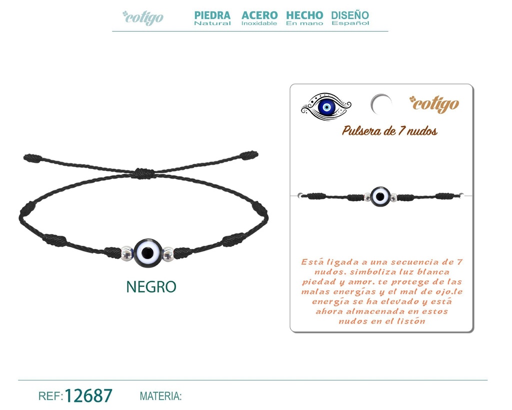 Pulsera de 7 nudos color negro con ojo turco - Joyería de nudos