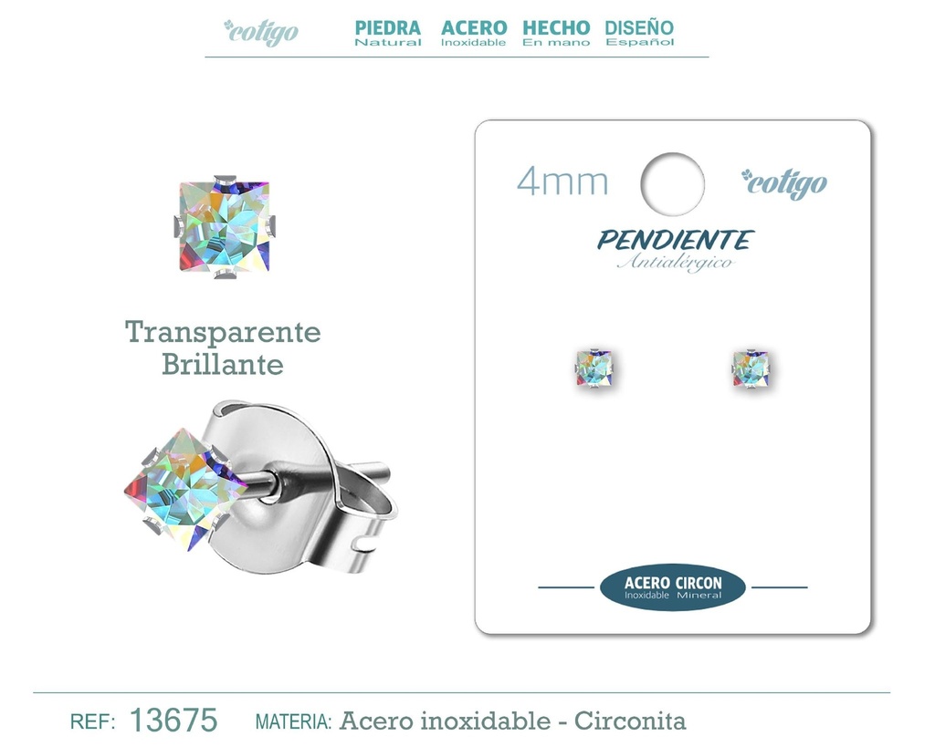 Pendiente cuadrado de circonita multicolor 4mm con base de acero plateado - Joyería de circonita