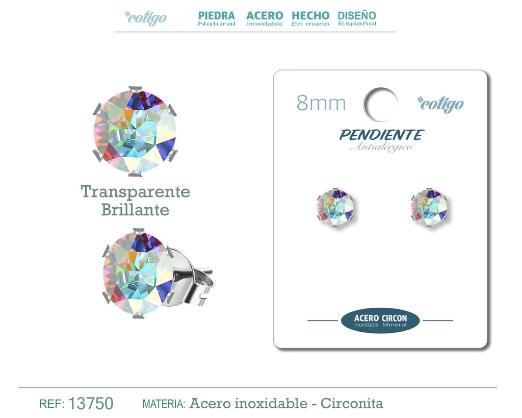 Pendiente redondo de circonita multicolor 8mm con base de acero plateado - Joyería de circonita