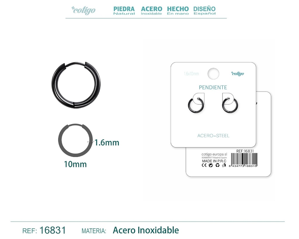 Pendiente aro de acero 1.6x10 mm negro - Joyería de acero