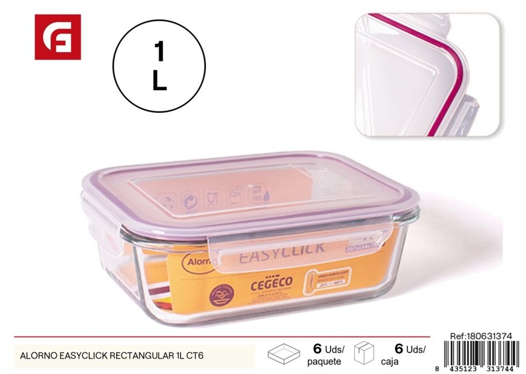 Alorno EasyClick rectangular de vidrio hermético de 1L - Contenedores de almacenamiento