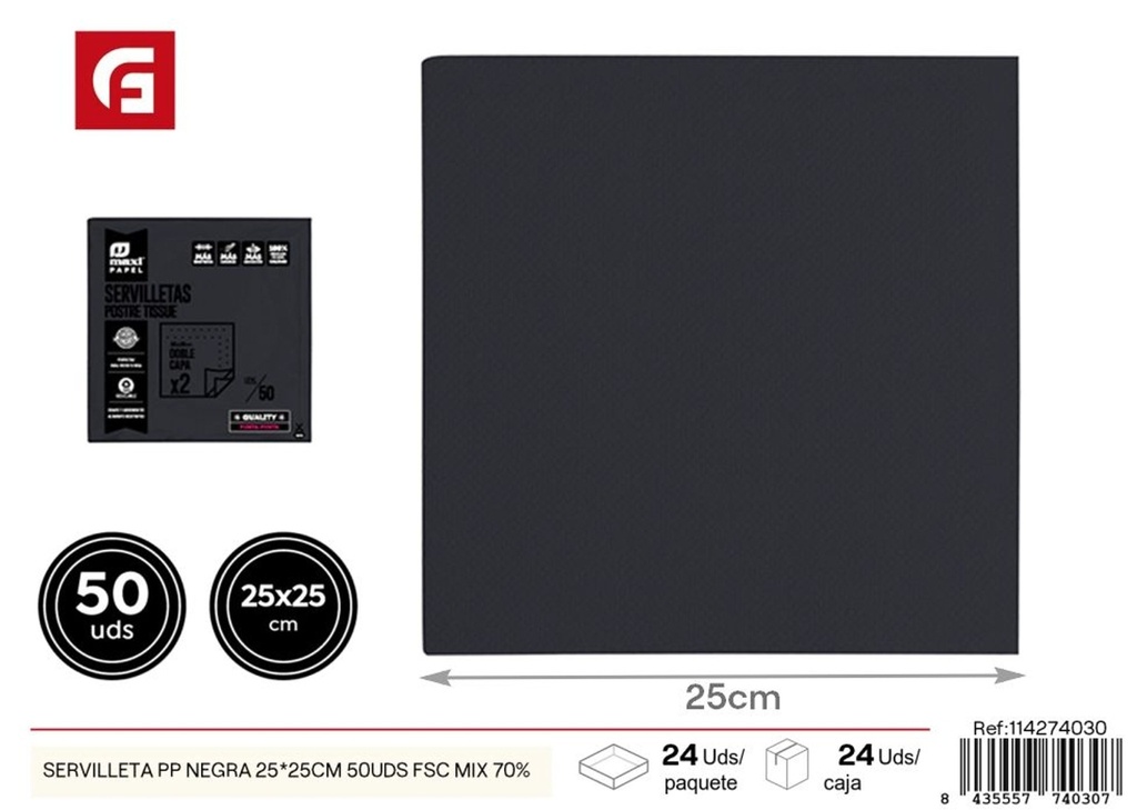 Servilleta PP negra 25 x 25 cm 50 unidades - Utensilios desechables