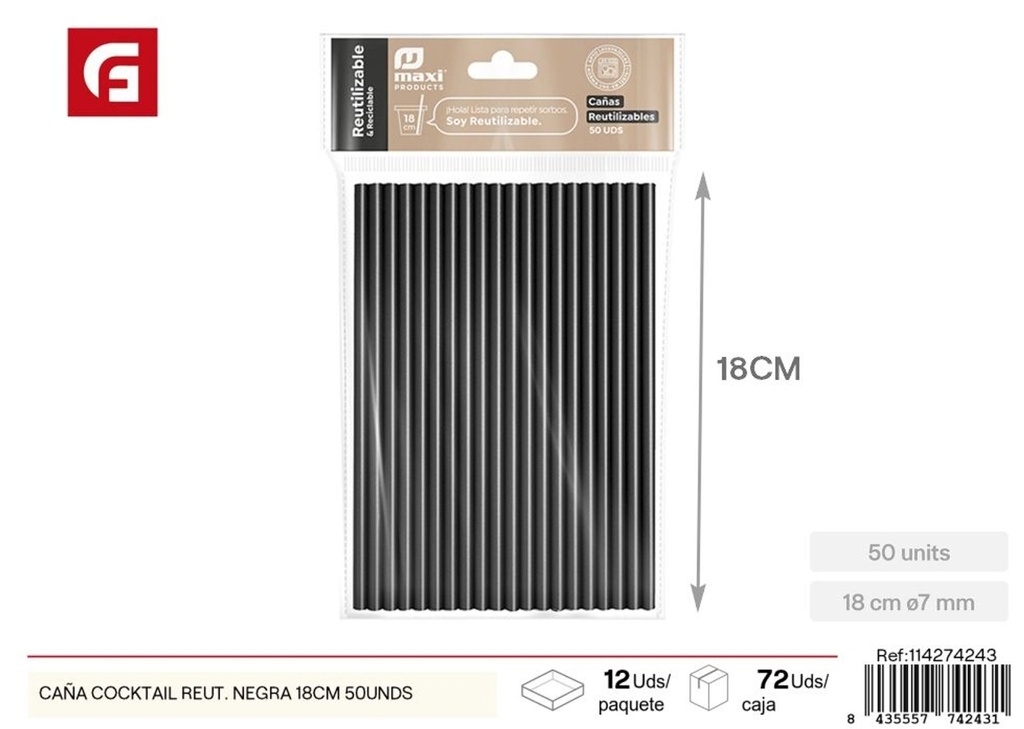 Caña cocktail reutilizable negra 18 cm paquete de 50 - Utensilios desechables