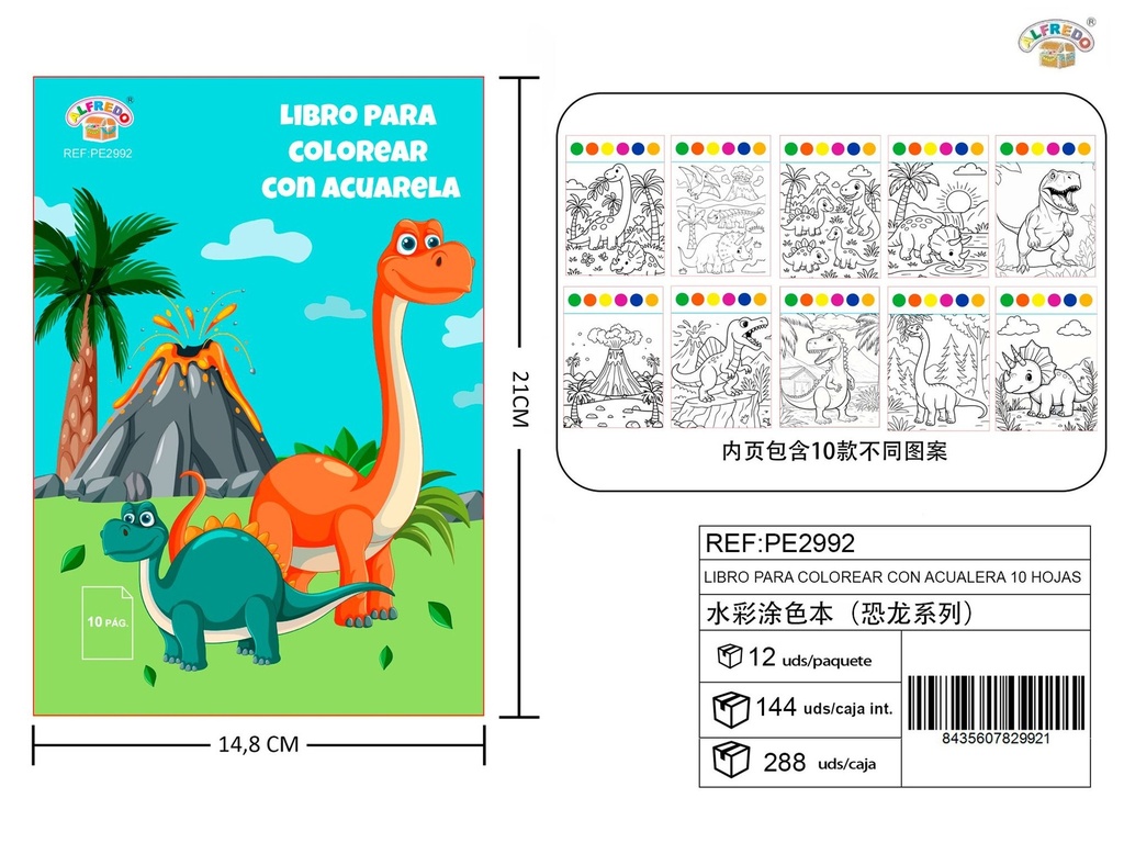 Libro para colorear con acuarela y pincel dinosaurio 10 hojas - Actividades creativas