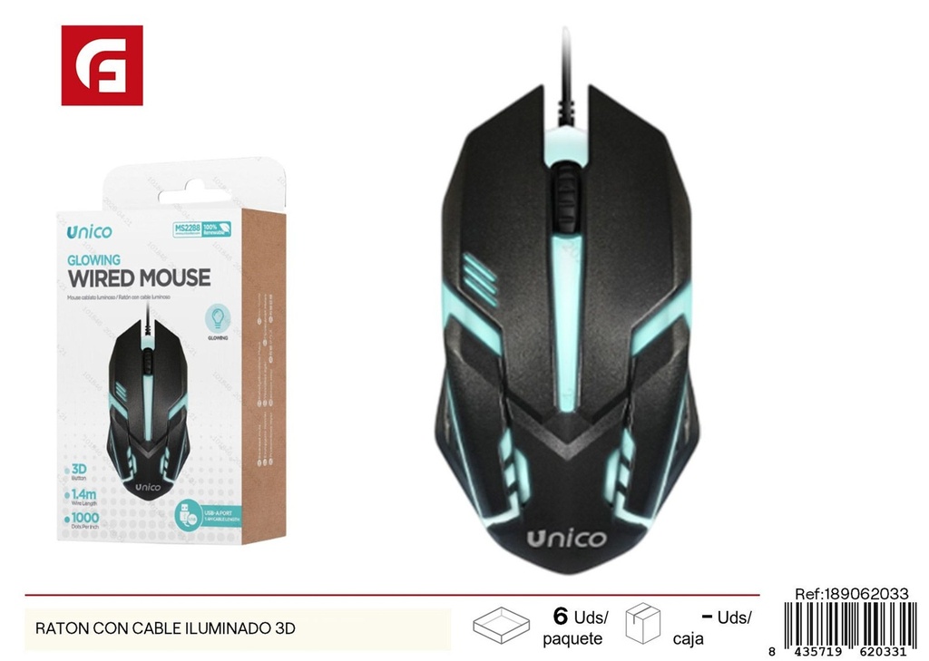 Ratón con cable iluminado 3D - Accesorios de computadora