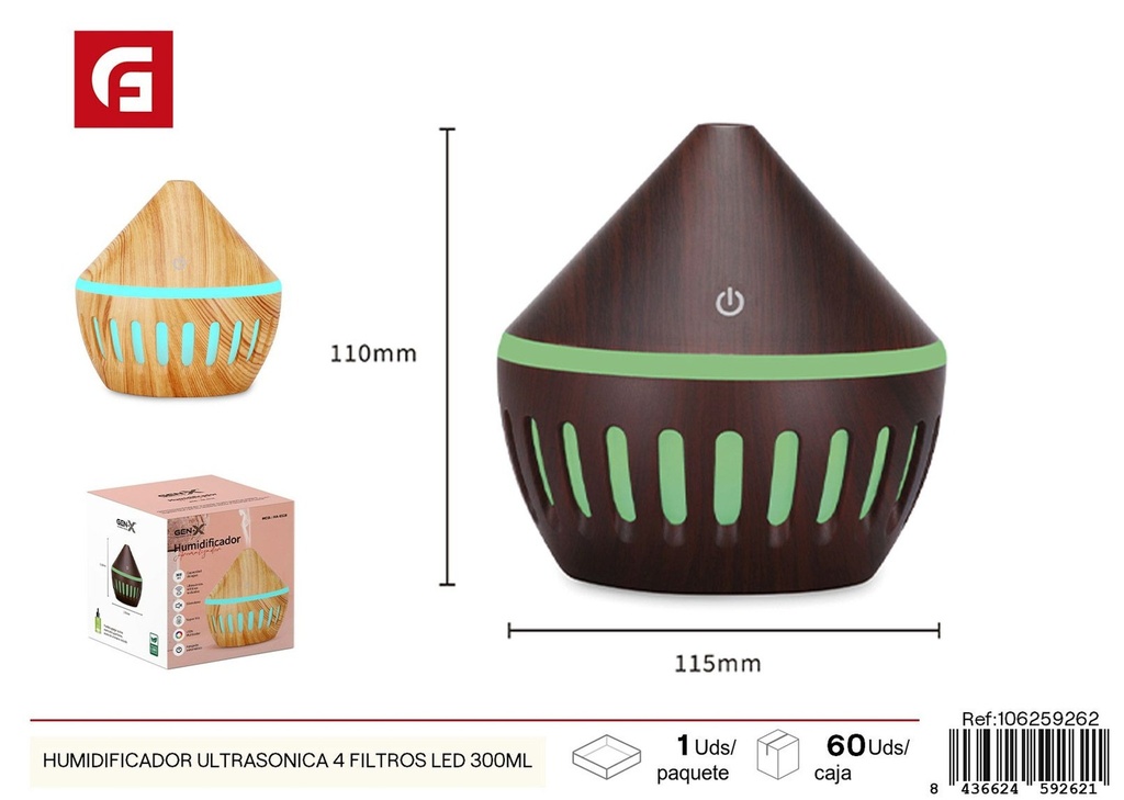 Humedecedor ultrasónico 4 filtros LED 300ml - Equipos de humidificación