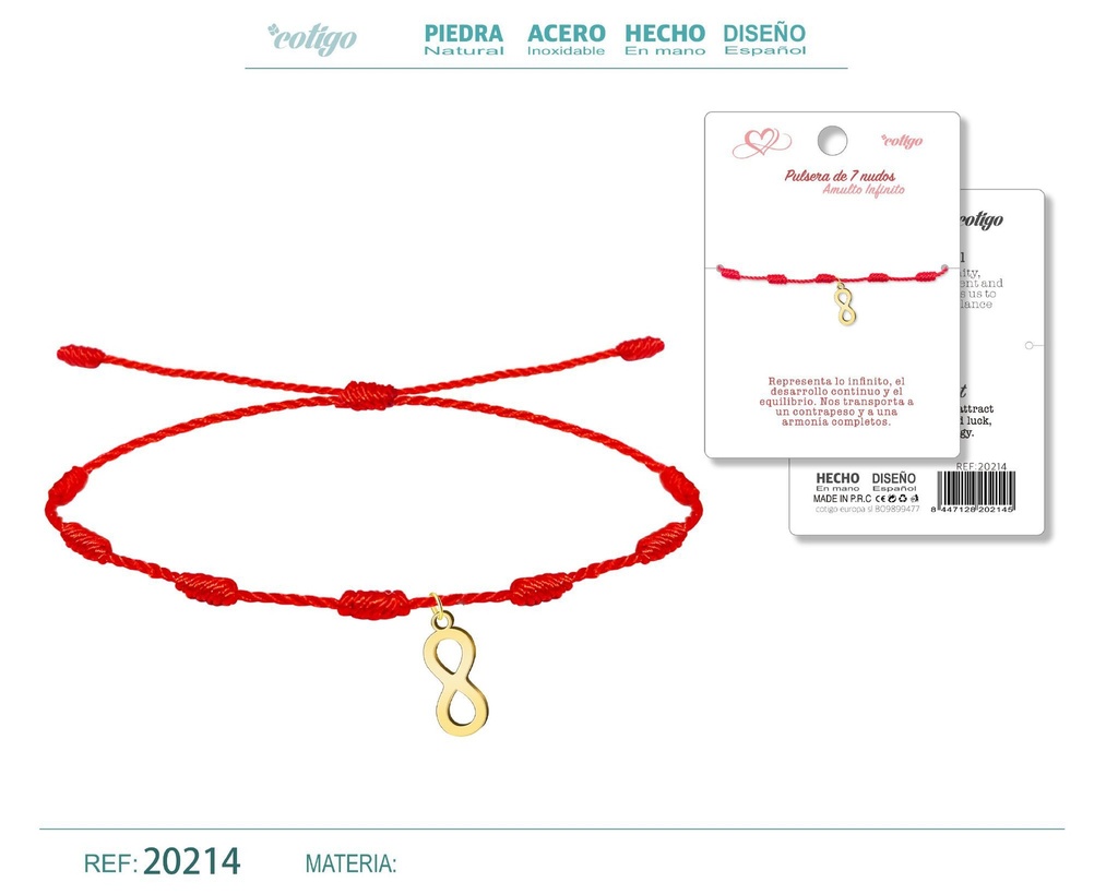 Pulsera de 7 nudos con símbolo infinito en acero dorado - Joyería de inspiración