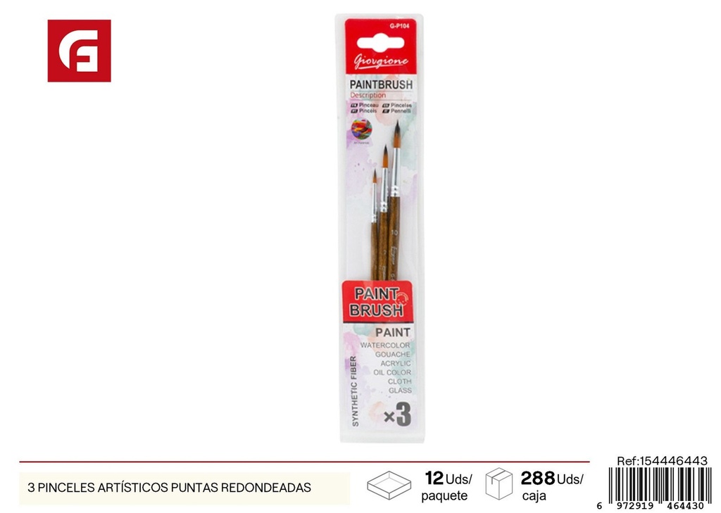 Set de 3 pinceles artísticos de punta redonda - Materiales de arte y dibujo