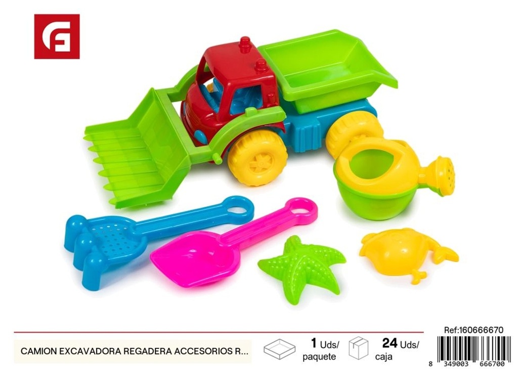 Camión excavadora con accesorios rociadores en rojo - Juguetes de verano y juegos de playa