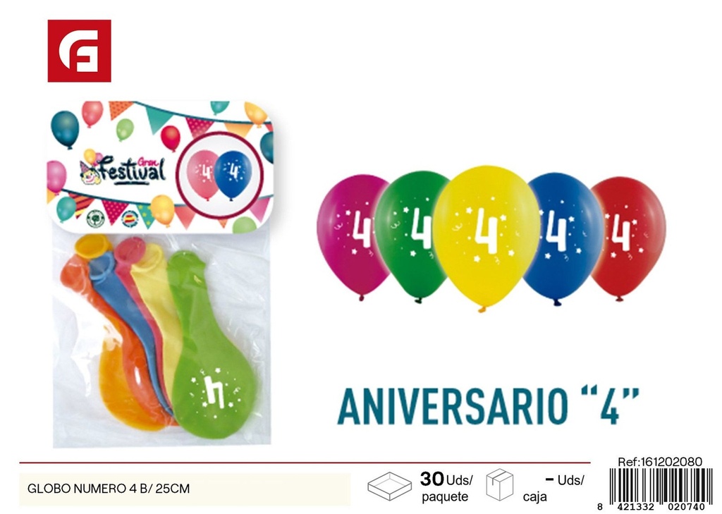 Globo número 4 25 cm - Decoración festiva, globos para fiestas