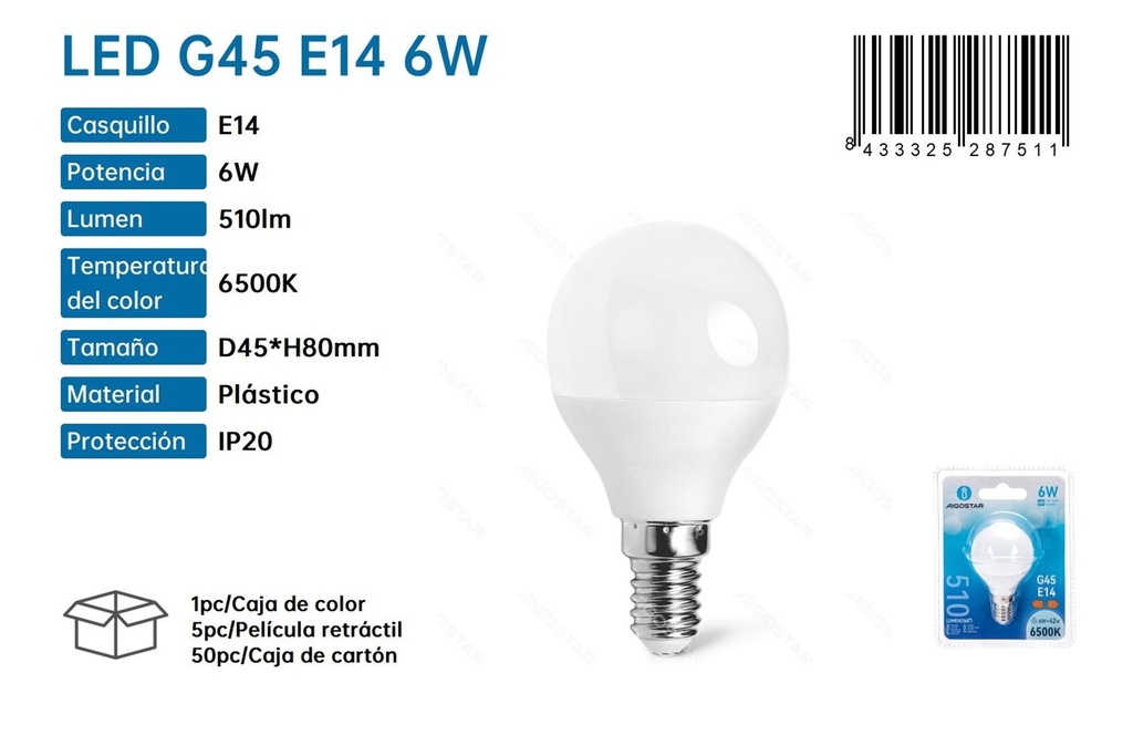Bombilla LED G45 E14 6W 6500K - Iluminación LED y bombillas ahorradoras