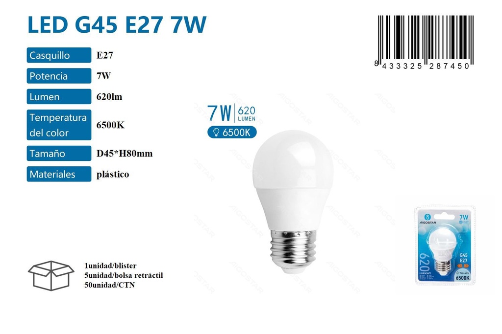 Bombilla LED A5 G45 con ángulo amplio E27 7W 6500K - Iluminación LED eficiente