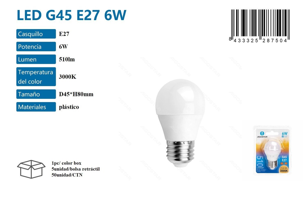 Bombilla LED G45 E27 6W 3000K - Iluminación LED y bombillas cálidas