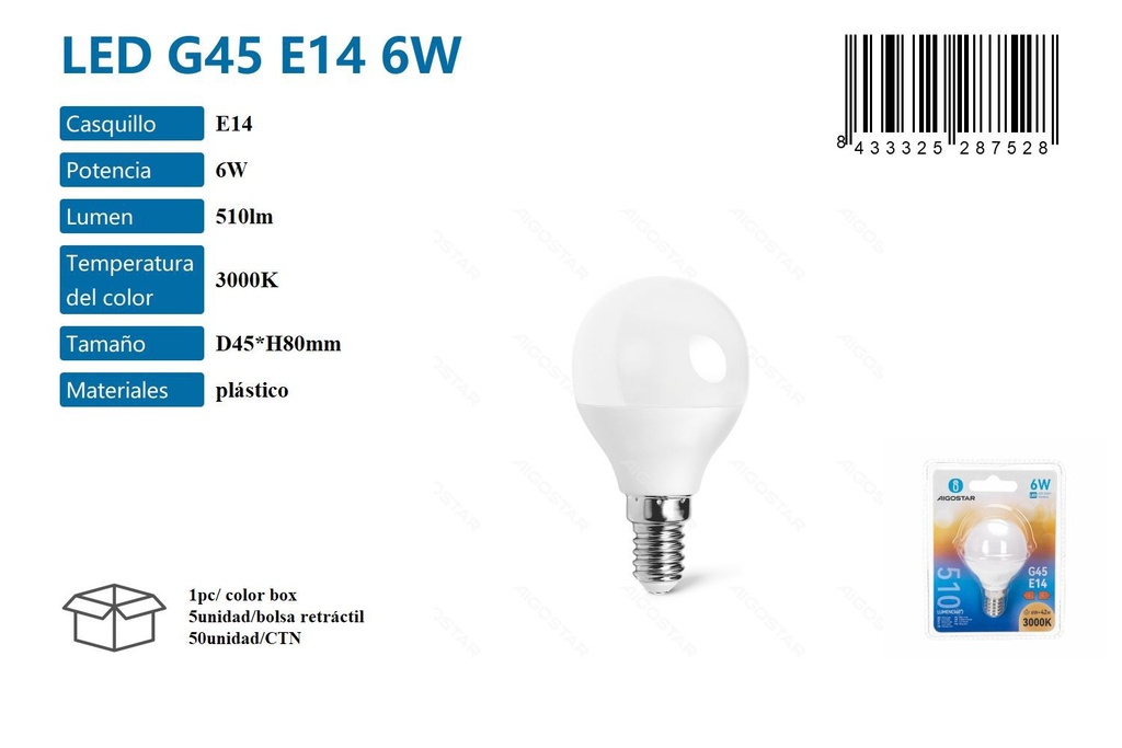 Bombilla G45 E14 3000K 6W - Iluminación LED y bombillas compactas