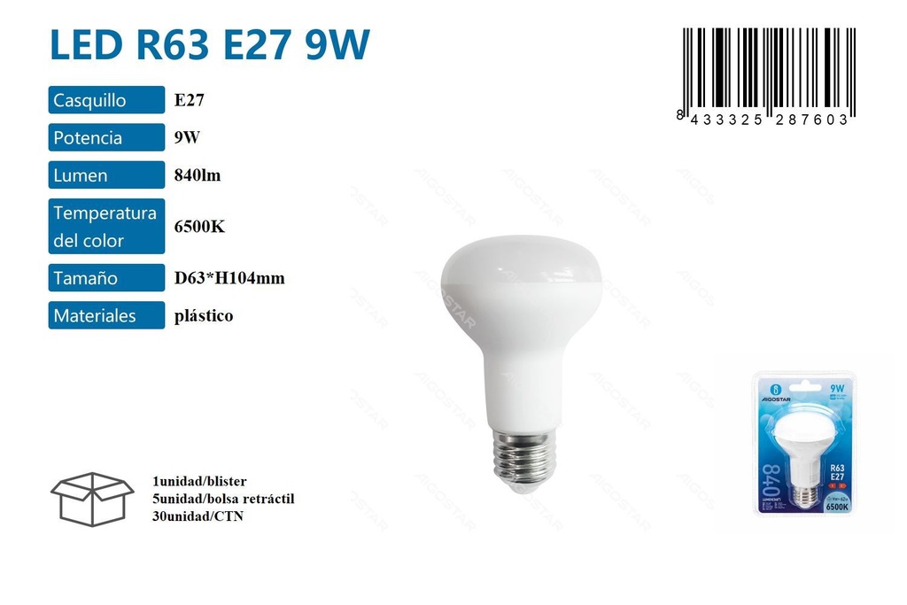 Bombilla LED R63 E27 9W 6500K - Iluminación LED y bombillas direccionales