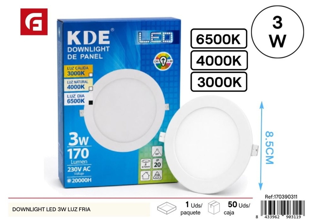 Downlight LED 3W luz fría - Iluminación LED y paneles de luz