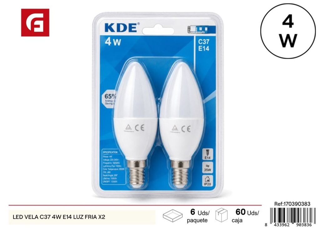 Bombilla LED vela C37 4W E14 luz fría (paquete de 2) - Iluminación LED y bombillas para ambientes