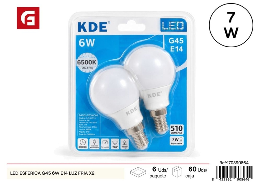 Bombilla LED esférica G45 6W E14 luz fría (paquete de 2) - Iluminación LED y bombillas de uso diario
