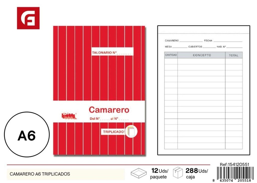 Libro de pedidos para camareros A6 triplicados - Material de oficina