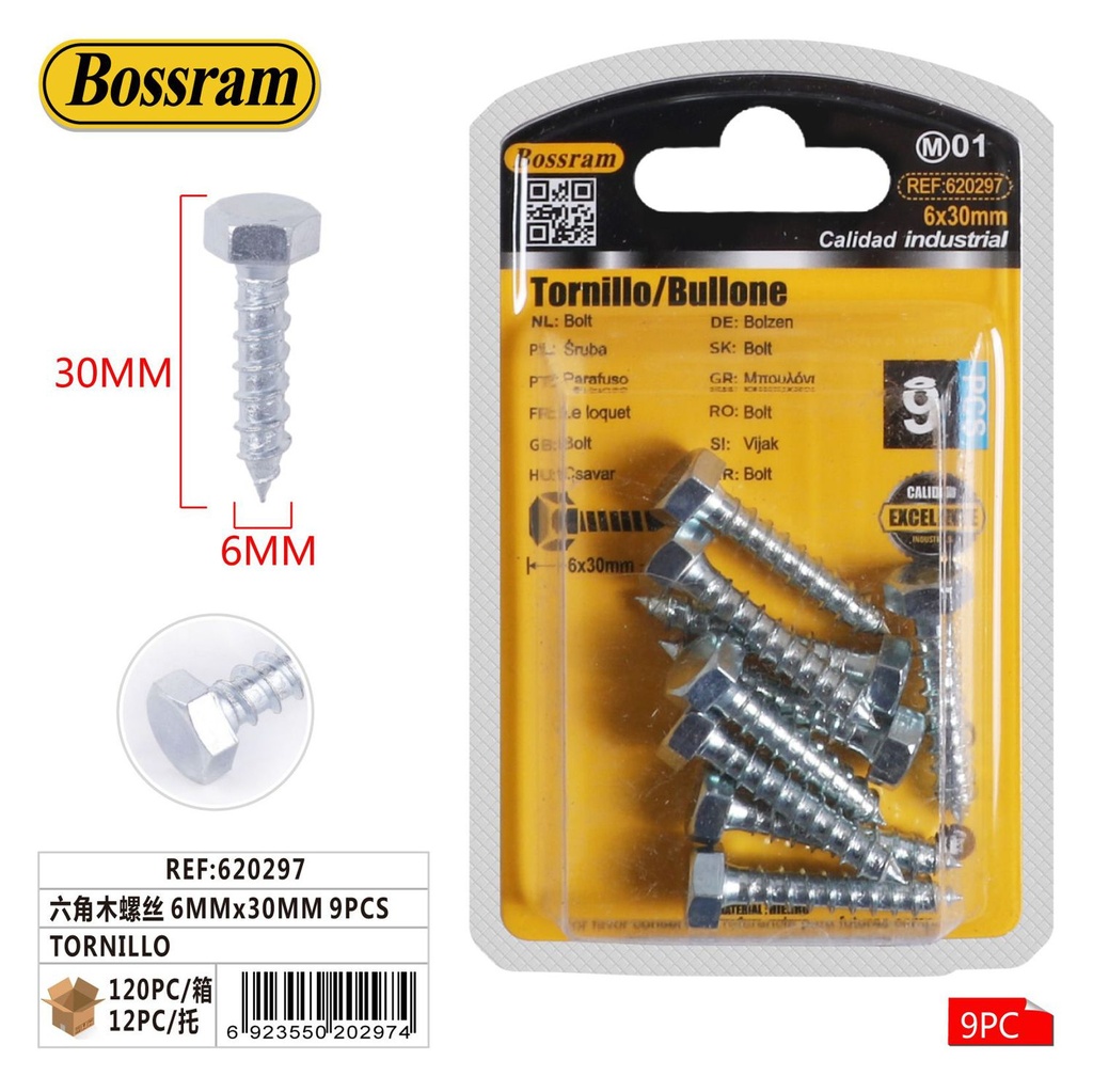 Tornillos hexagonales 6mmx30mm 9pcs para fijación