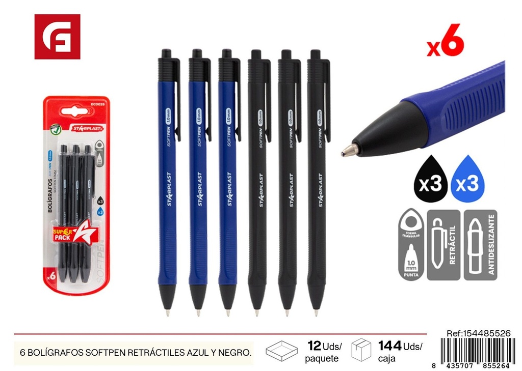 Set de 6 bolígrafos Softpen retráctiles azul y negro punta 1mm - Material de oficina