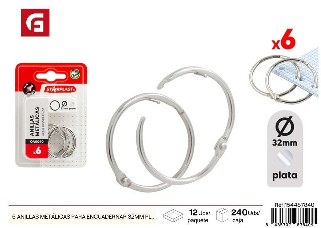 Set de 6 anillas metálicas para encuadernar 32mm plata - Material de oficina