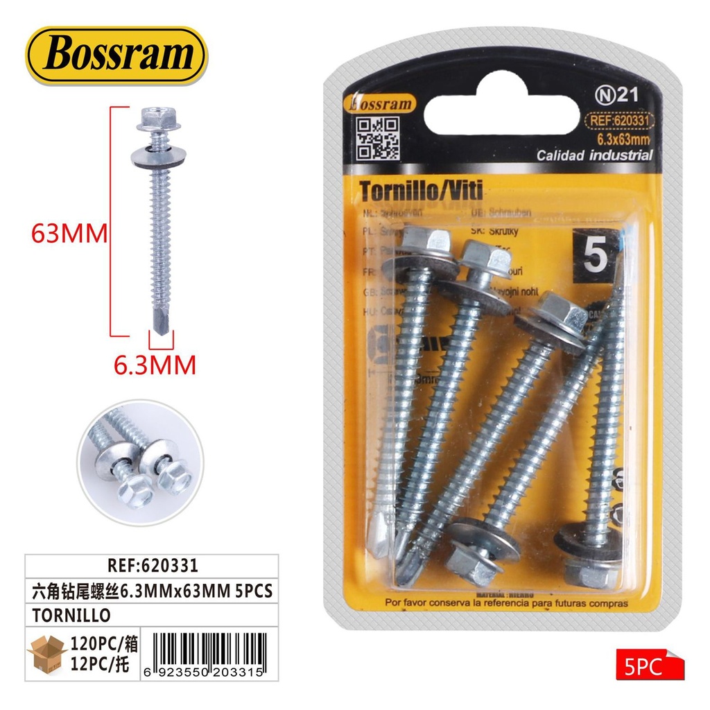 Tornillo hexagonal 6.3mmx63mm 5pcs para carpintería