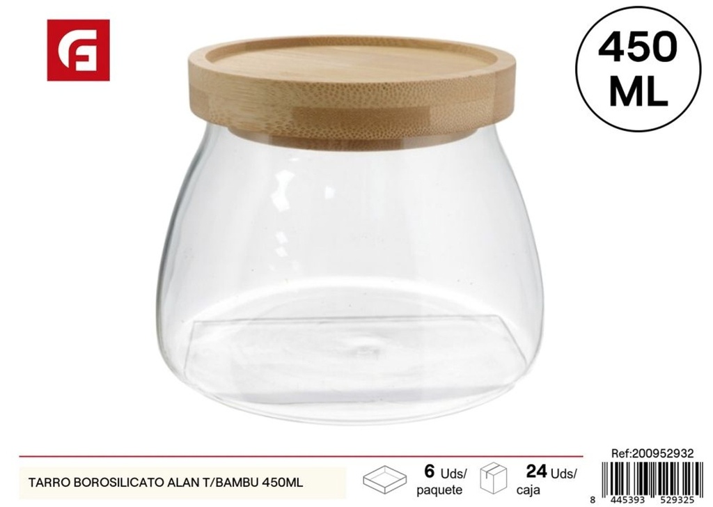 Tarro de vidrio borosilicato con tapa de bambú 450ml - Envases de vidrio