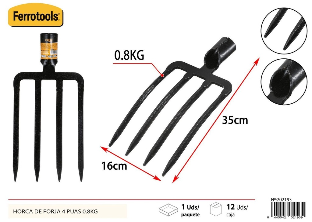 Horca de forja de 4 púas 0.8 kg 16x35 cm - Herramientas de jardinería