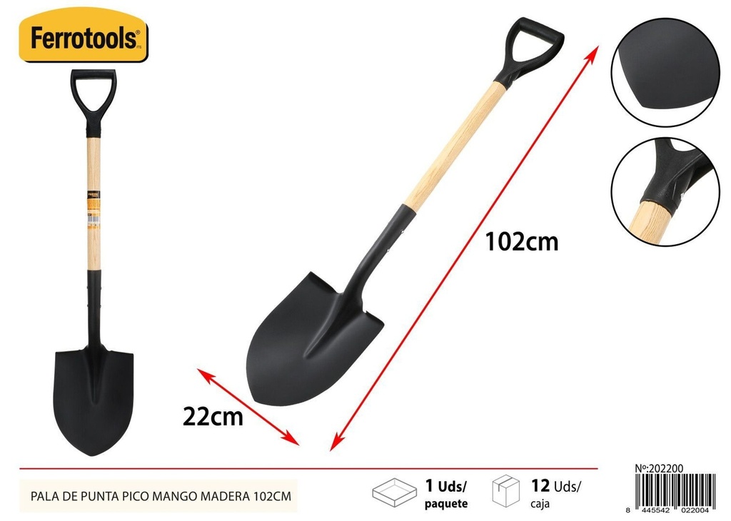 Pala de punta pico con mango de madera 102 cm - Herramientas de jardín y jardinería