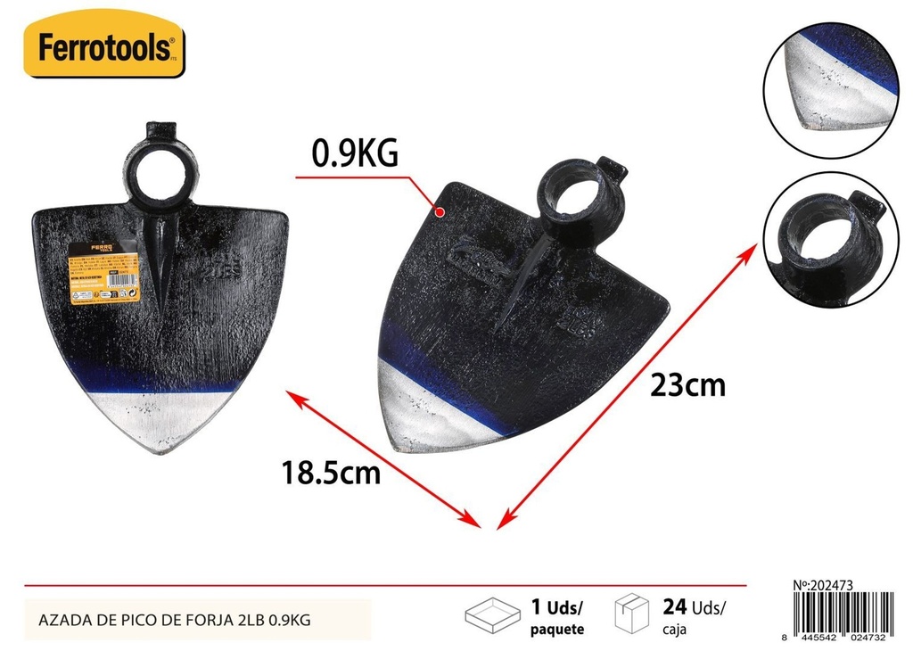 Azada de pico de forja 0.9 kg 23x18.5 cm - Herramientas de jardinería