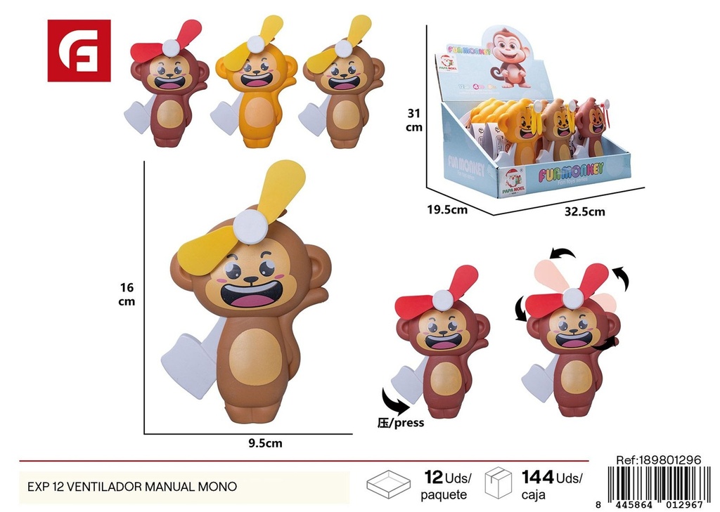 Ventilador manual mono (pack de 12) - Juguetes y entretenimiento 