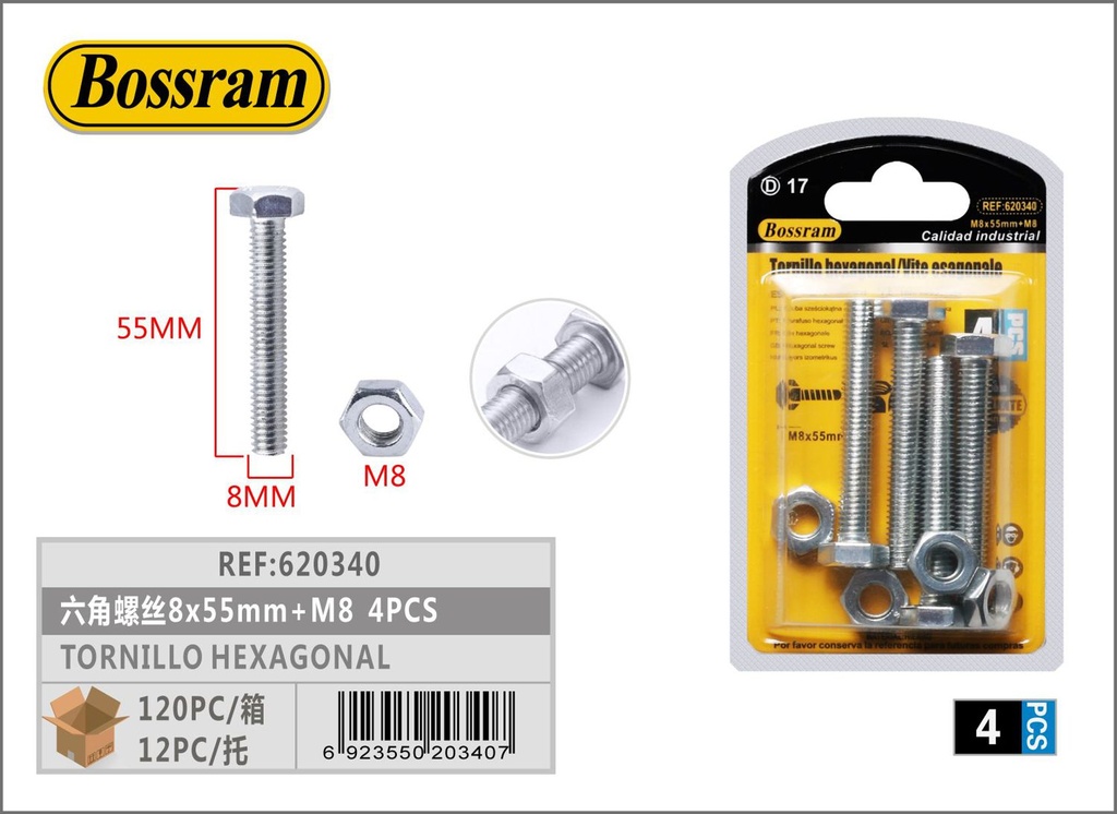 Tornillo hexagonal 8x55mm + M8 4pcs para fijación