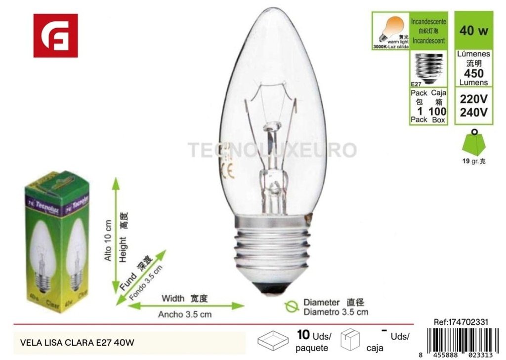 Bombilla vela lisa clara E27 40W - Iluminación y bombillas
