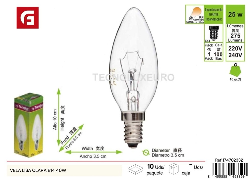 Bombilla vela lisa clara E14 40W - Iluminación y bombillas