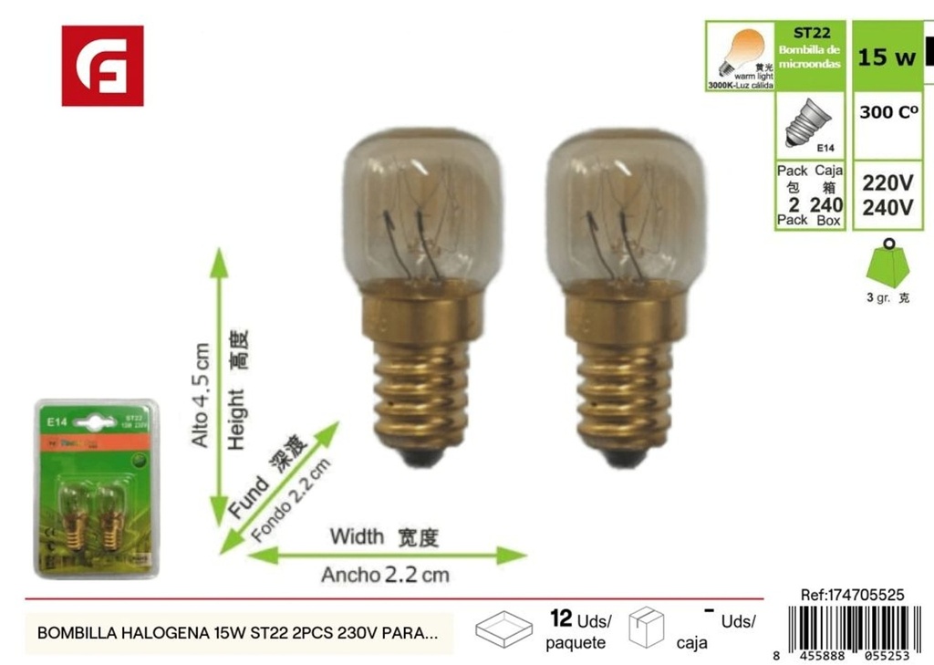Bombilla halógena 15W ST22 2 pcs 230V para horno y microondas - Iluminación y bombillas