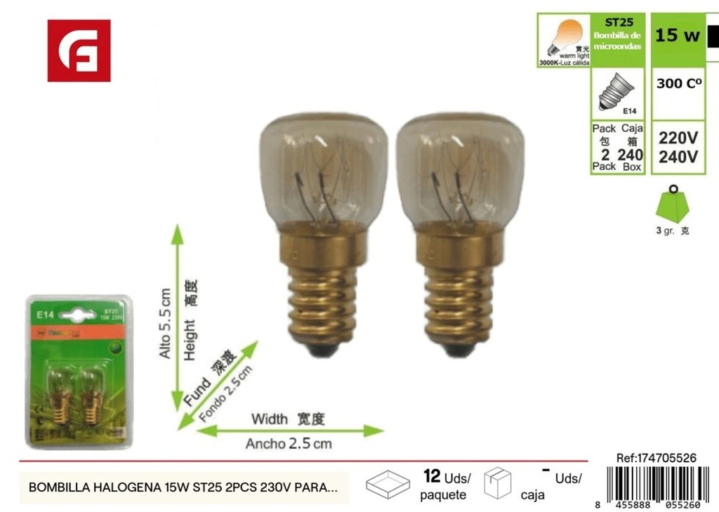 Bombilla halógena 15W ST25 2 pcs 230V para horno y microondas - Iluminación y bombillas